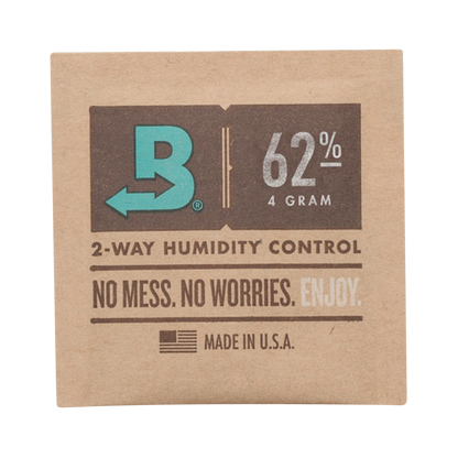 Close-up of the Boveda Humidity Control Pack for Dry Herbs - 62%, showing its branded packaging with a percentage indicator.
