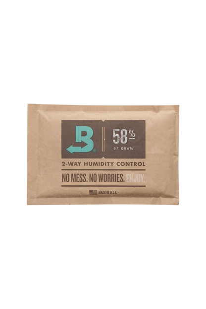 A close-up of the Boveda Humidity Control Pack for Dry Herbs - 58% against a white background, displaying its branded label.