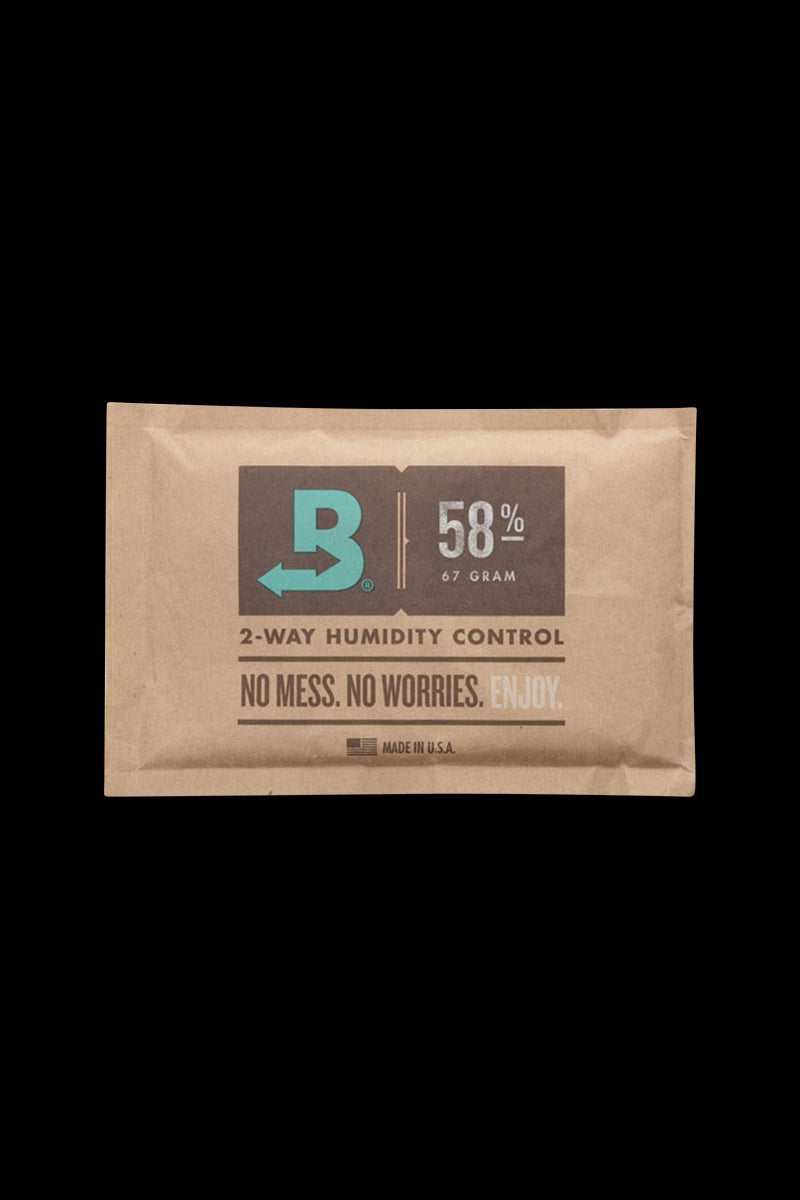 A close-up of the Boveda Humidity Control Pack for Dry Herbs - 58%, displaying the percentage prominently on a neutral background.