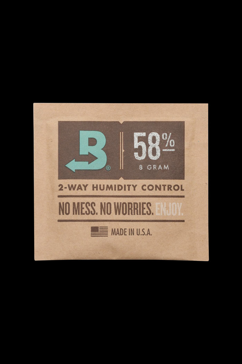 A close-up shot of the Boveda Humidity Control Pack for Dry Herbs - 58%, displaying the percentage label against a neutral background.