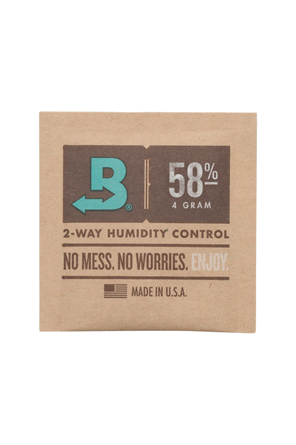 Close-up of the Boveda Humidity Control Pack for Dry Herbs - 58%, displaying its packaging with a percentage indicator on a white background.
