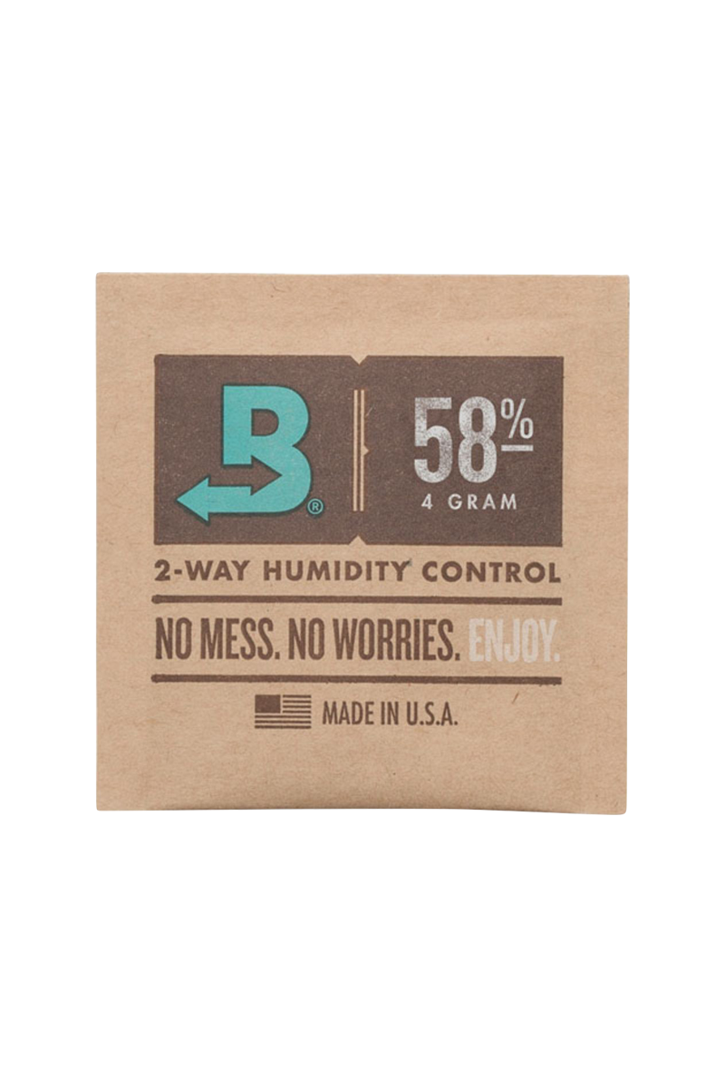 Close-up of the Boveda Humidity Control Pack for Dry Herbs - 58%, displaying its packaging with a percentage indicator on a white background.