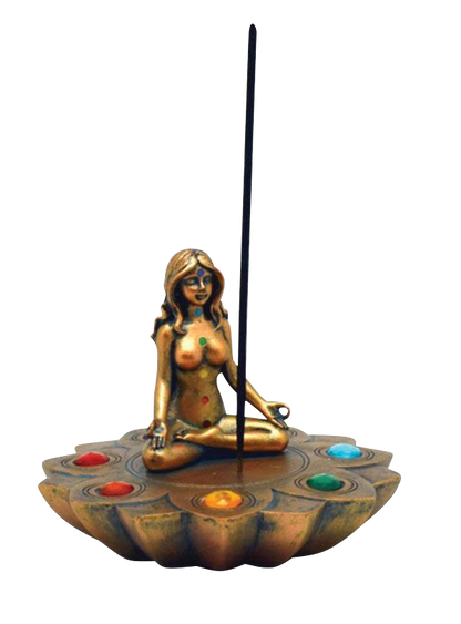 The Bronze Chakra Stones Incense Burner is shown in a slightly angled view, featuring a sculpted figure atop a circular stone base.