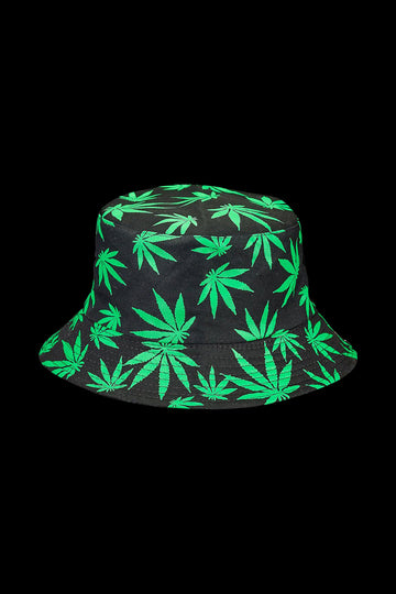 Black - Bucket Hat with Green Hemp Leaf Print