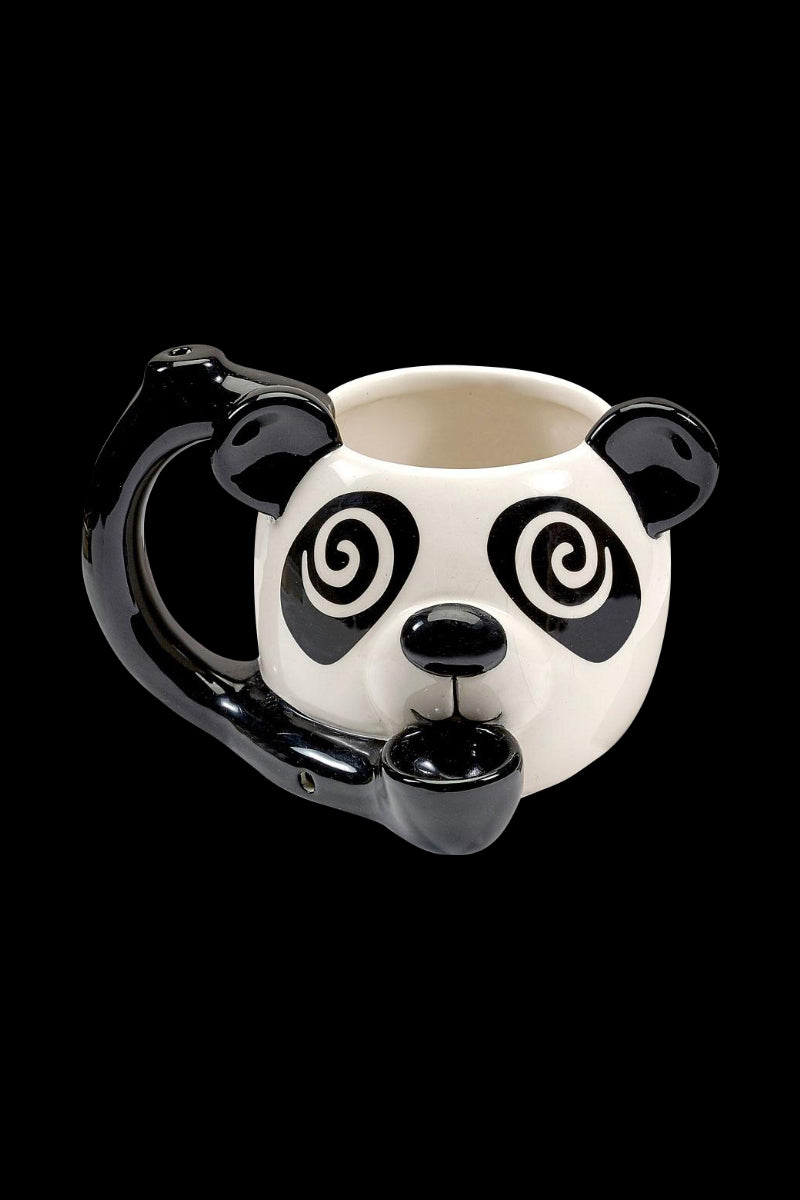 A front view of the Roast & Toast Buzzed Panda Ceramic Mug Pipe, displaying a white ceramic panda head with a dark rim.