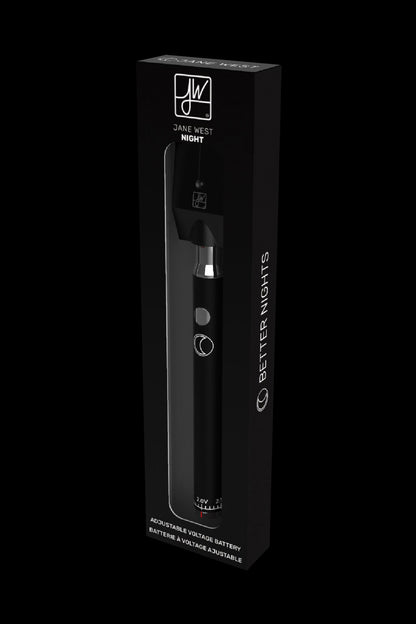 Black vape pen battery packaging for “Jane West Night” with adjustable voltage control.
