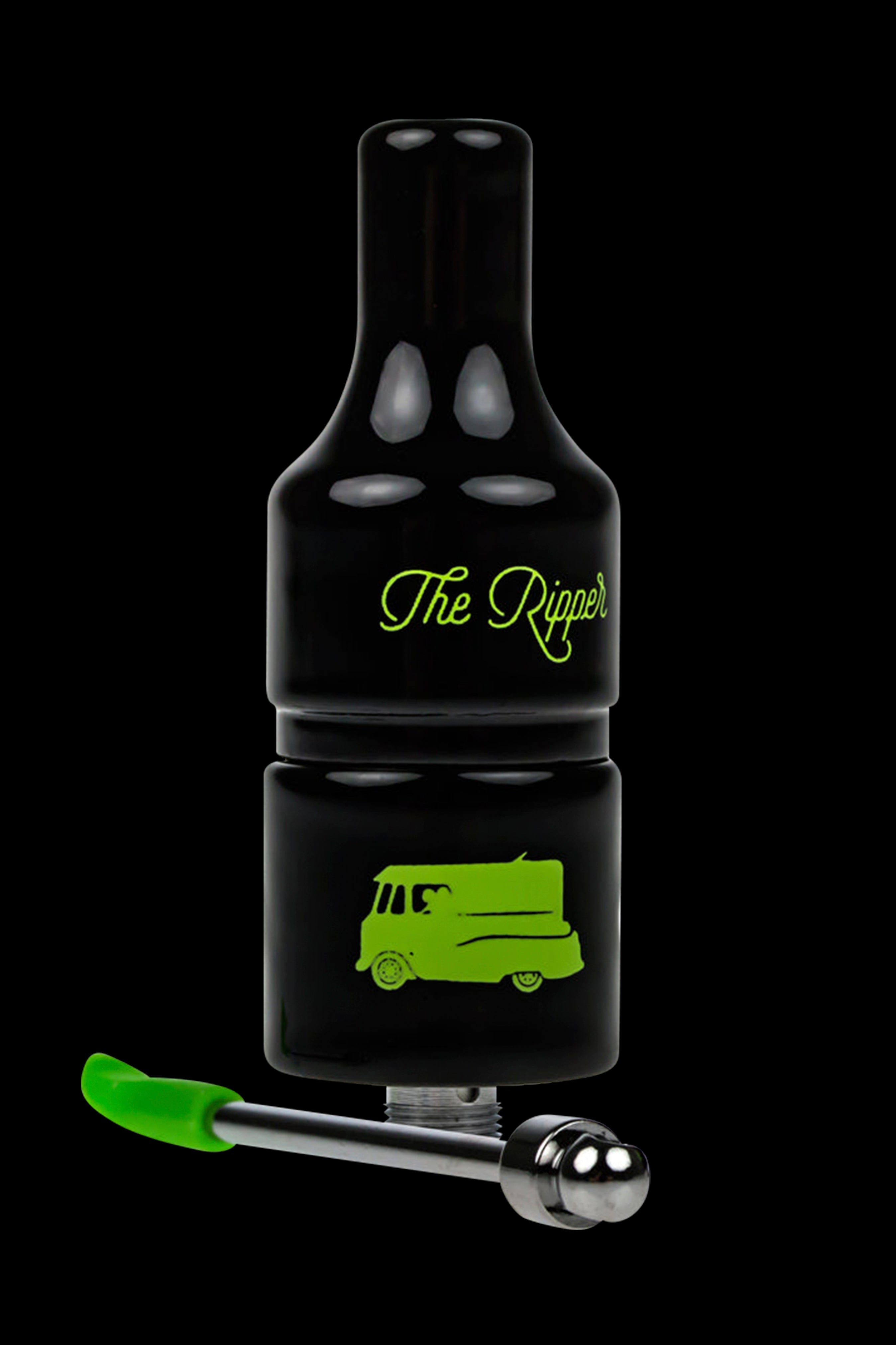 Black oil burner pipe with green accents, labeled "The Ripper" and featuring a van graphic.