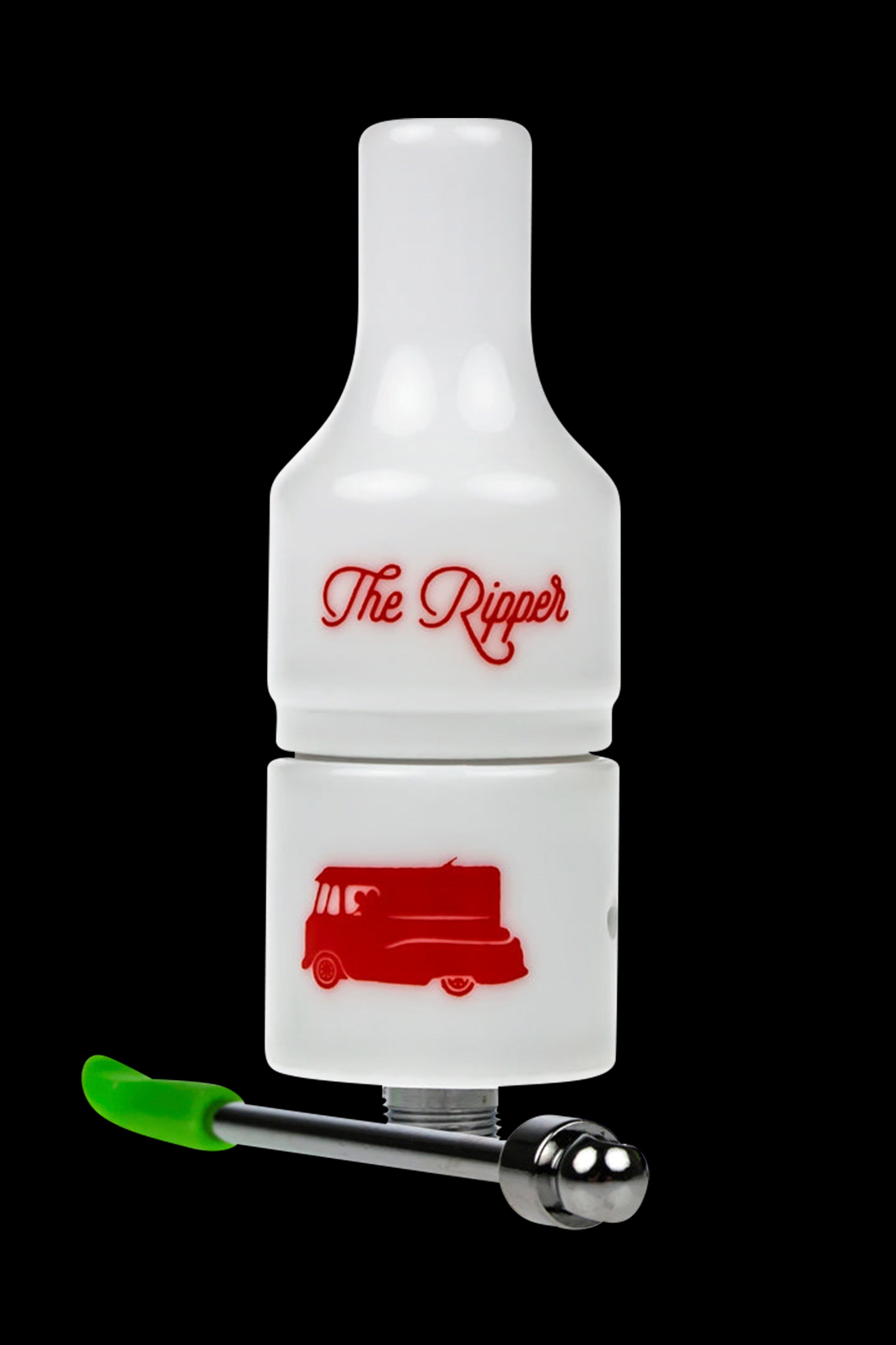 White “The Ripper” electronic dab rig with a glass tip and metal coil.