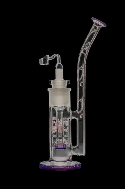 Front view of the Cheech & Chong "Tied Stick" Dab Rig Bubbler, a clear glass bubbler with a uniquely curved neck and dark base.