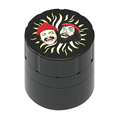 Front view of the Cheech & Chong 40th Anniversary Grinder, a black metal grinder with a circular portrait design.