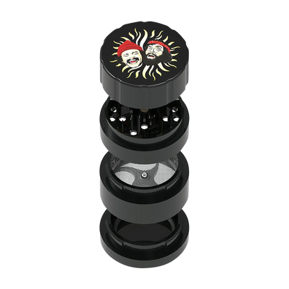 A detailed, angled view of the Cheech & Chong 40th Anniversary Grinder, showcasing its multi-tiered metallic design.
