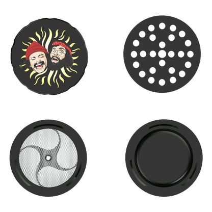 Top-down view of the Cheech & Chong 40th Anniversary Grinder, revealing a circular, multi-piece metallic design.