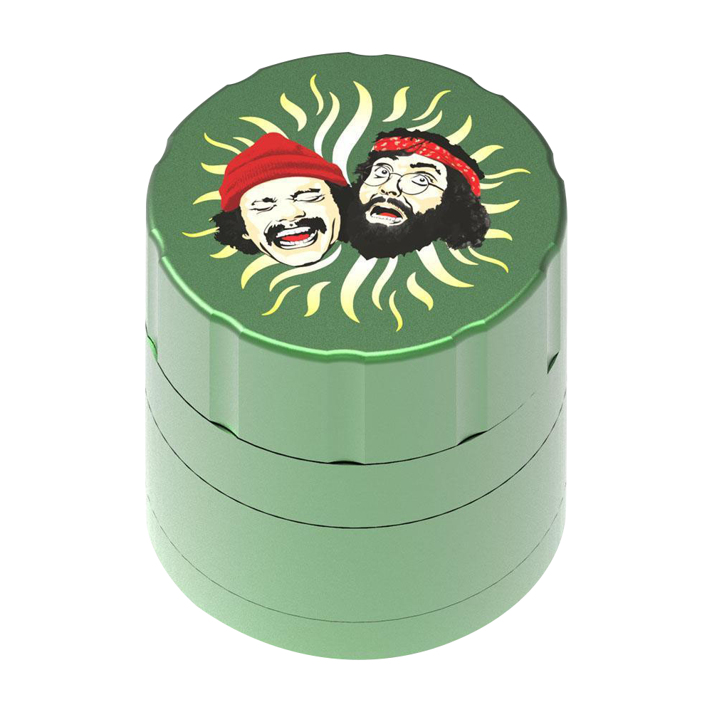 Front view of the Cheech & Chong 40th Anniversary Grinder, featuring a vibrant, multi-layered design reminiscent of the iconic duo.