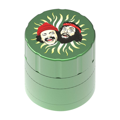 Front view of the Cheech & Chong 40th Anniversary Grinder, featuring a vibrant, multi-layered design reminiscent of the iconic duo.