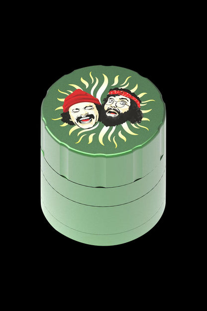 Front view of the Cheech & Chong 40th Anniversary Grinder, showcasing a circular, multi-tiered design with a detailed portrait.