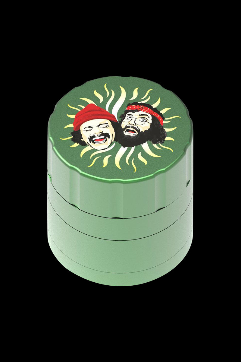 Front view of the Cheech & Chong 40th Anniversary Grinder, showcasing a circular, multi-tiered design with a detailed portrait.