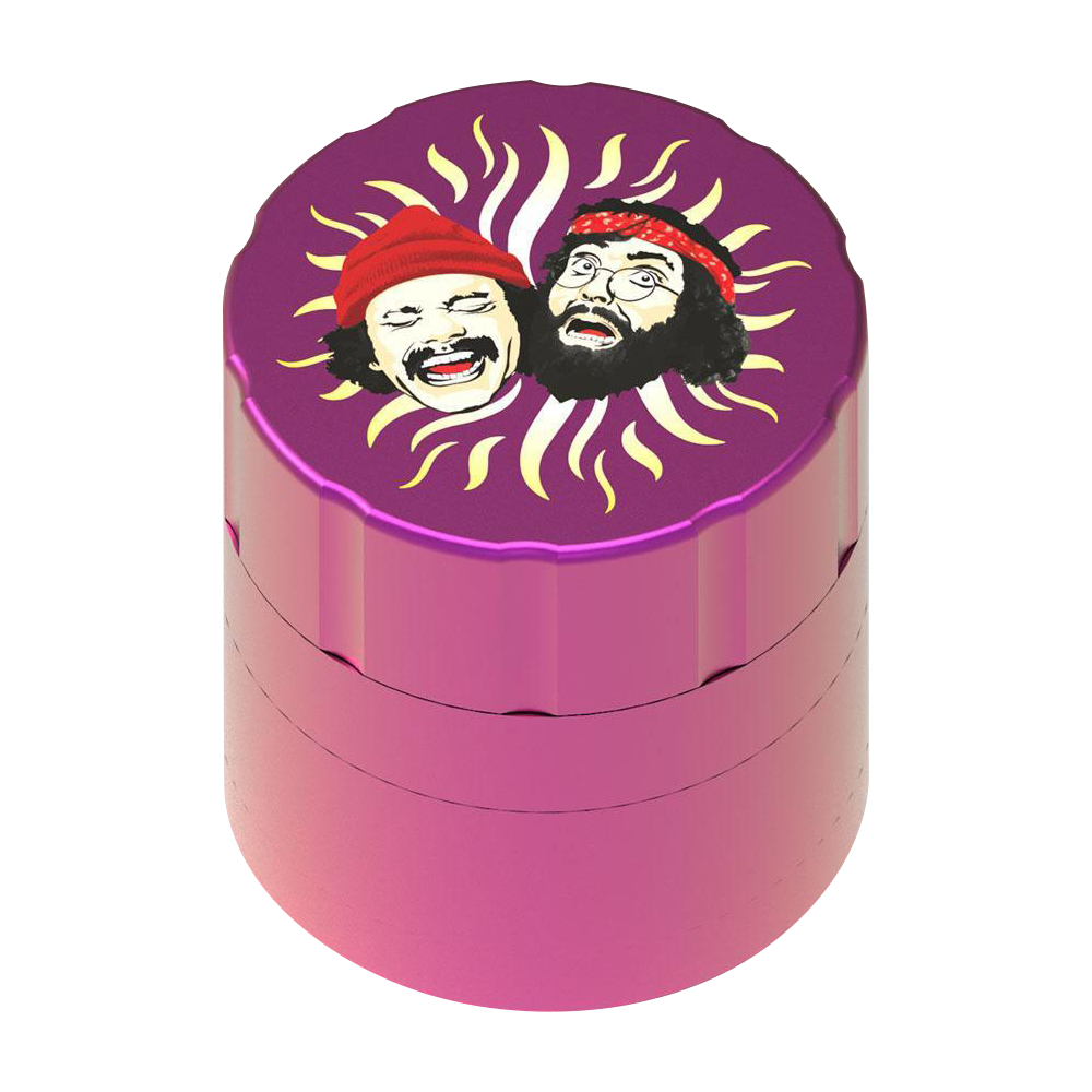 Front view of the Cheech & Chong 40th Anniversary Grinder, featuring a colorful graphic design on a metallic silver cylindrical base.