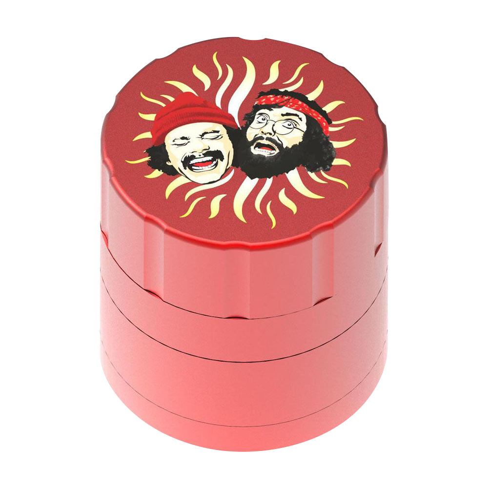 Front view of the Cheech & Chong 40th Anniversary Grinder, featuring a colorful graphic design on a cylindrical metal body.