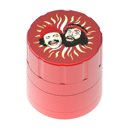 Front view of the Cheech & Chong 40th Anniversary Grinder, featuring a colorful graphic design on a cylindrical metal body.
