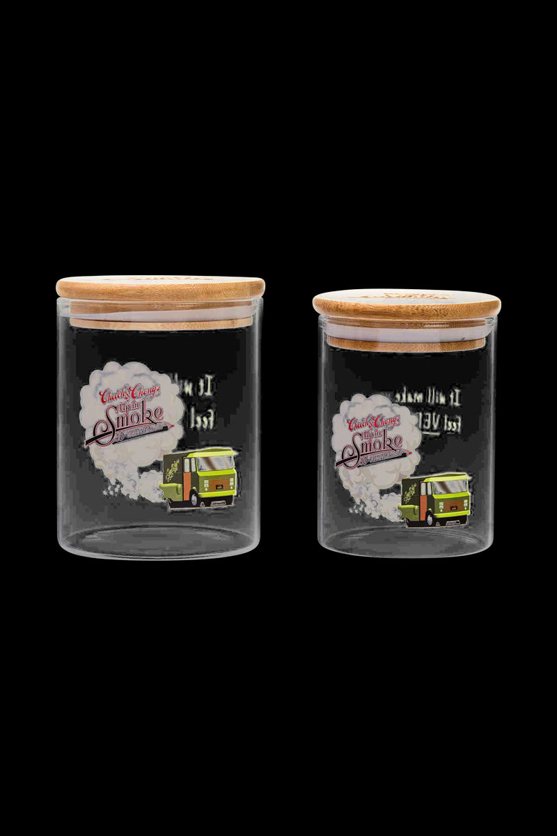 Front view of the Cheech & Chong "Green Van" Stash Jar, a clear glass jar with a graphic of a vintage van.