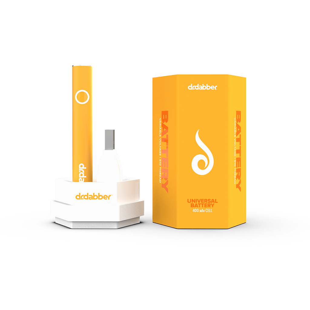 Front view of the Dr. Dabber Universal 510 Threaded Battery, a silver cylinder against a vibrant yellow backdrop.