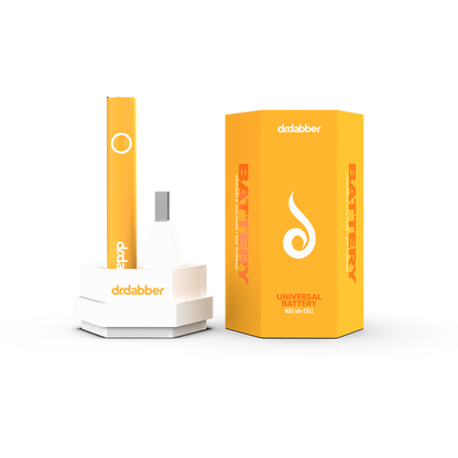Front view of the Dr. Dabber Universal 510 Threaded Battery, a silver cylinder against a vibrant yellow backdrop.