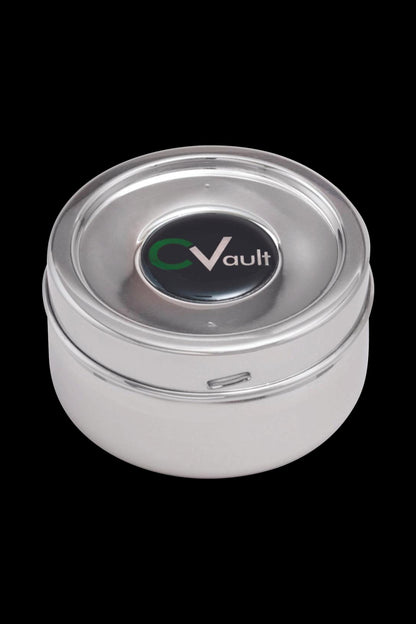 A front view of the CVault Stainless Steel Storage Container - Twist, showcasing its cylindrical shape and polished metal finish.