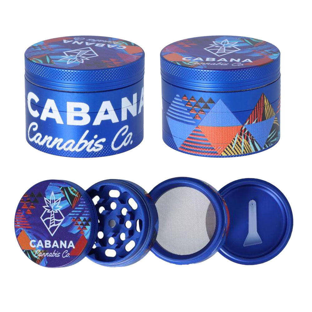 Front view of the Cabana Cannabis Co. 3 Stage Grinder - The Dawn, featuring a blue and silver design with visible grinding teeth.