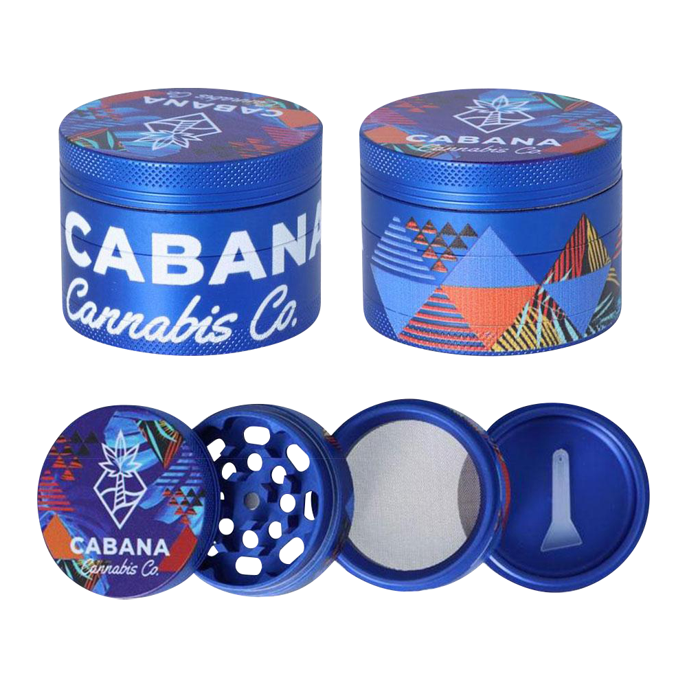 Front view of the Cabana Cannabis Co. 3 Stage Grinder - The Dawn, showcasing a metallic, multi-tiered design with branding.