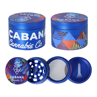 Front view of the Cabana Cannabis Co. 3 Stage Grinder - The Dawn, showcasing a metallic, multi-tiered design with branding.