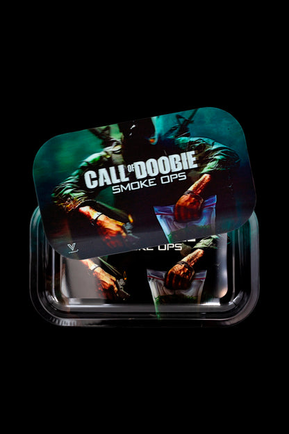 A plastic container displaying branding for “Call of Doobie Smoke Ops,” featuring a stylized, vibrant design with cannabis imagery and a soldier figure.