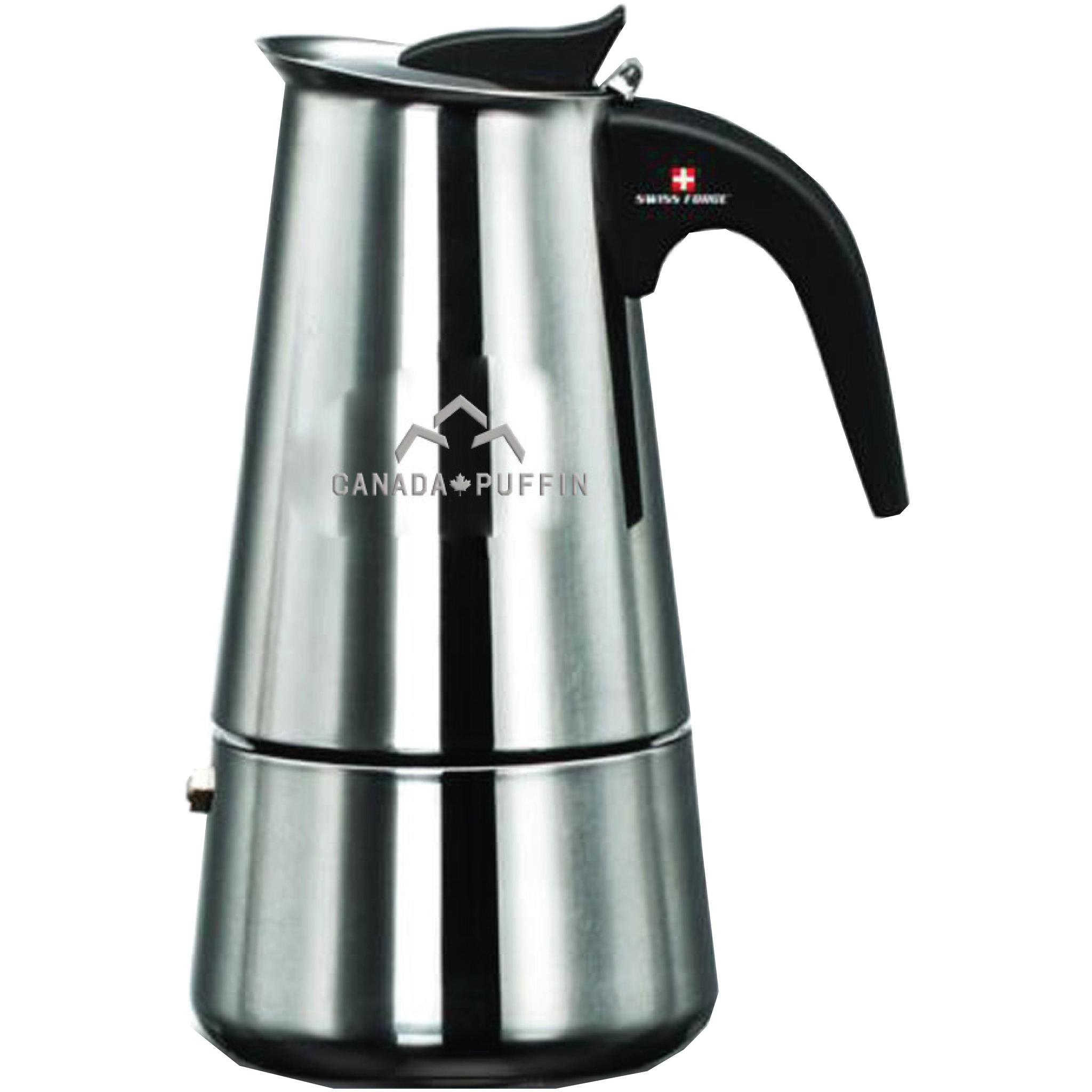 Front view of the Canada Puffin Swiss Force Cannabutter Maker, a stainless steel appliance with a narrow, conical shape.