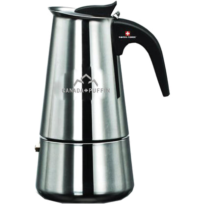 Front view of the Canada Puffin Swiss Force Cannabutter Maker, a stainless steel appliance with a narrow, conical shape.
