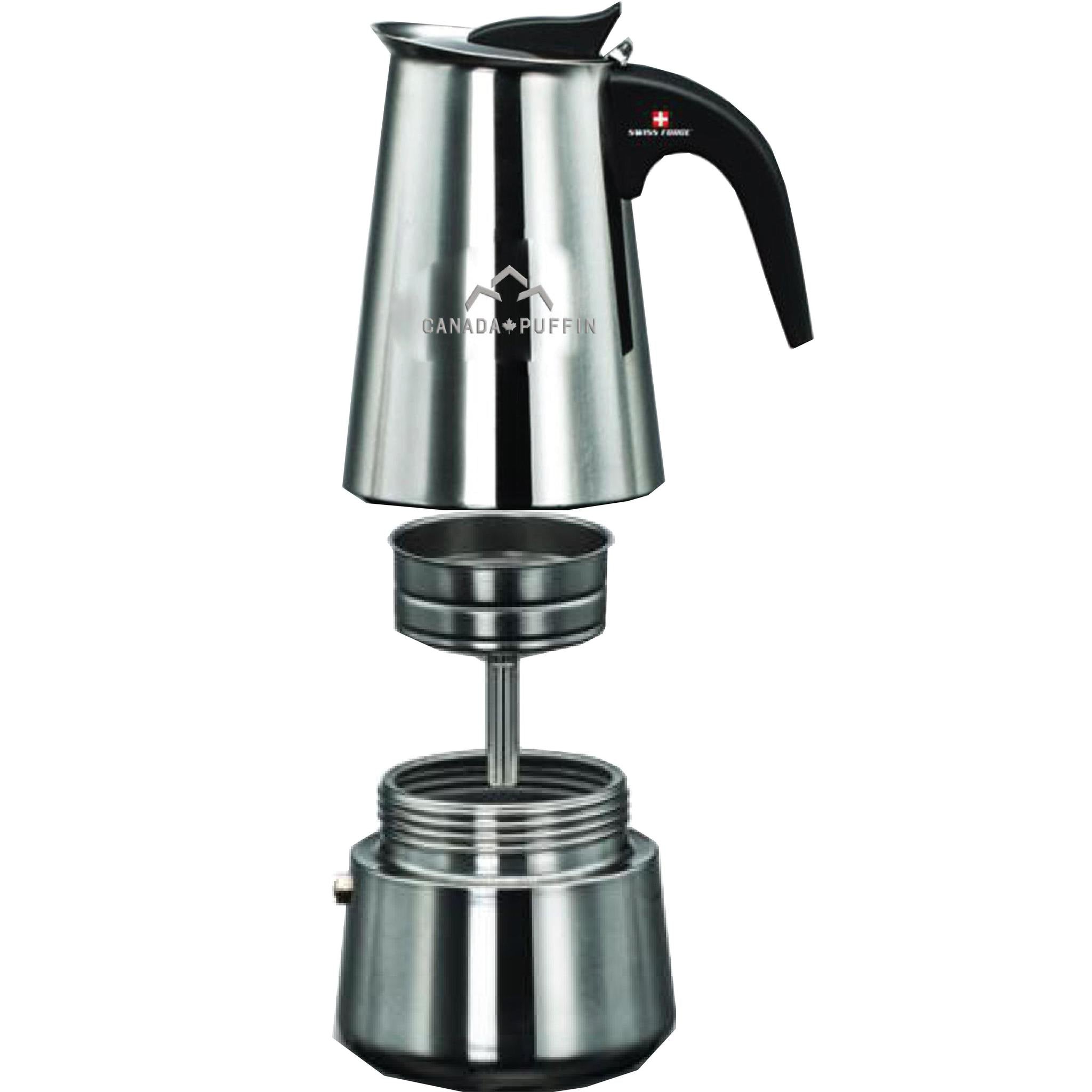 A front view of the Canada Puffin Swiss Force Cannabutter Maker, showcasing its stainless steel construction and disassembled parts.