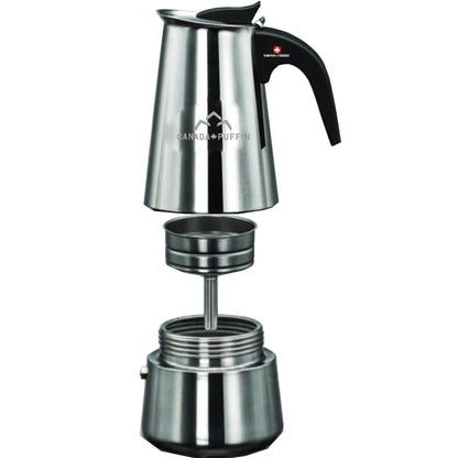 A front view of the Canada Puffin Swiss Force Cannabutter Maker, showcasing its stainless steel construction and disassembled parts.