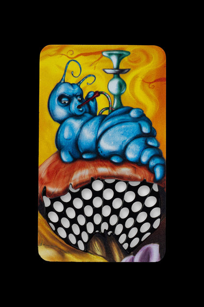 A vibrant, illustrative depiction of a blue caterpillar smoking a water pipe atop a red-and-white spotted mushroom, evoking a psychedelic, cannabis-themed aesthetic.