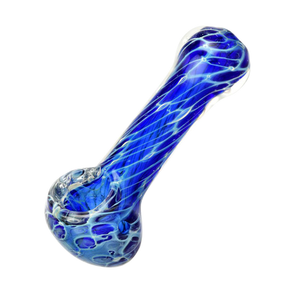 A three-quarter view of the Cellular Blue Glass Spoon Pipe, showcasing its curved form and swirling blue glass pattern.