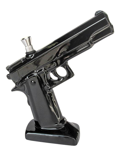 A side view of the Ceramic .45 Pistol Shaped Water Pipe, showcasing its dark ceramic finish and realistic handgun form.
