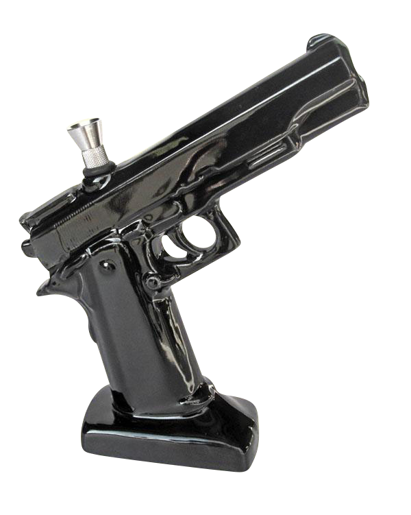 A side view of the Ceramic .45 Pistol Shaped Water Pipe, showcasing its dark ceramic finish and realistic handgun form.