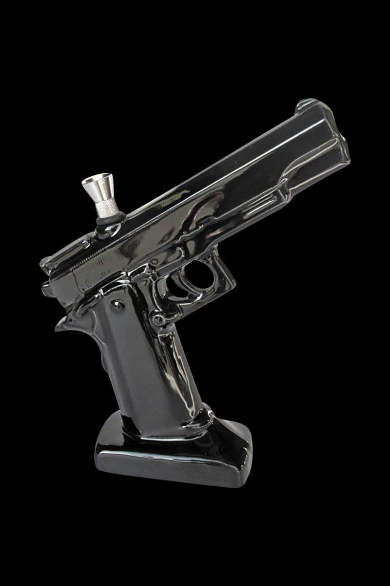 A front view of the Ceramic .45 Pistol Shaped Water Pipe, showcasing its glossy black ceramic finish and realistic pistol form.