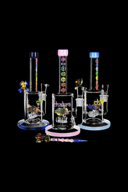 Front view of the Chakra Frog Water Pipe with Stir Tool, showcasing the detailed frog design on the clear glass pipe.