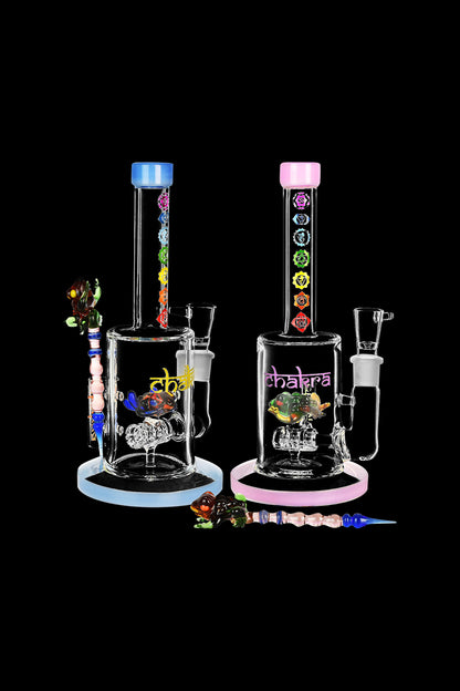 Front view of the Chakra Frog Water Pipe with Stir Tool, displaying a clear glass pipe with a frog design and accompanying stir tool.