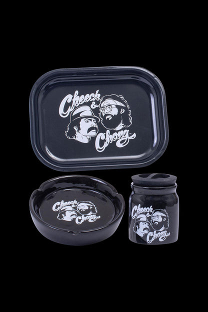 Front view of the Cheech & Chong Smoke Lover's Gift Set - East L.A., showing a sleek, black tray with branding.