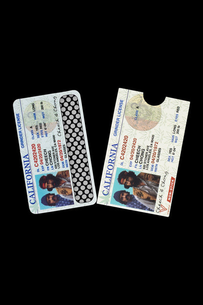 Two novelty “California Grinder License” cards featuring Cheech Marin, resembling driver’s licenses with humorous details related to cannabis use.