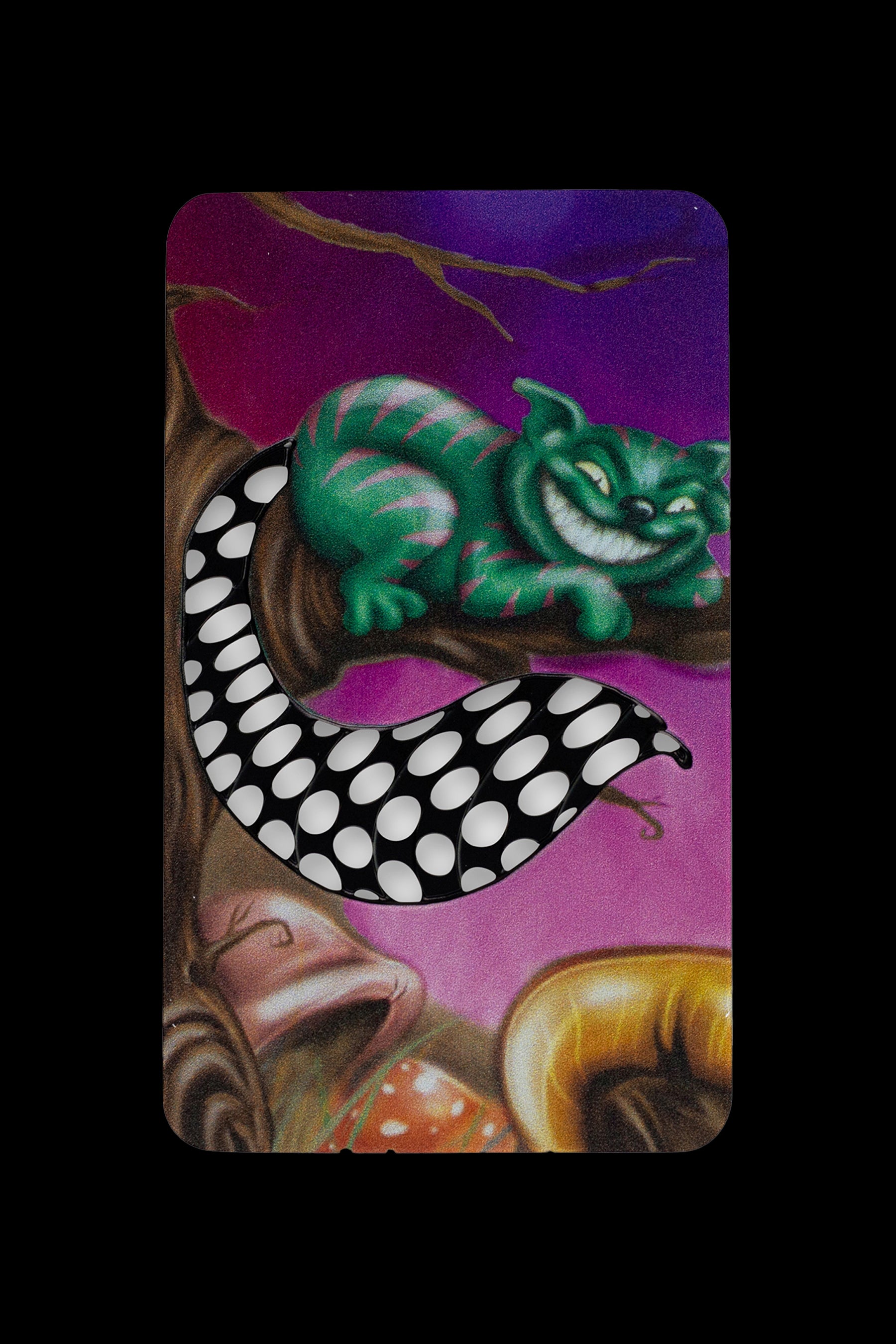 Cheshire Cat-themed rolling paper booklet with a green grinning cat and spotted tail against a purple and brown forest backdrop.