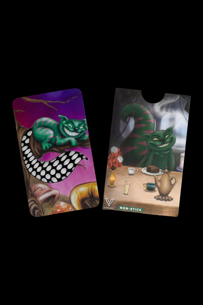 Two non-stick cannabis storage bags featuring artwork inspired by Alice in Wonderland's Cheshire Cat at a mad tea party.