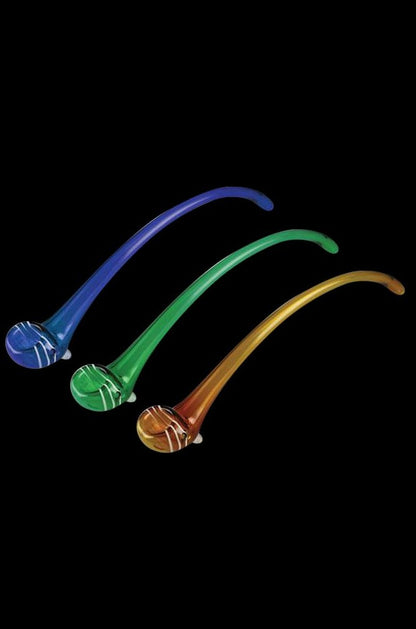 A front view of the Churchwarden Glass Pipe, showcasing its elongated, curved form against a dark backdrop.