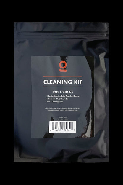 Packaging for a cannabis cleaning kit, including cleaning brushes and absorbent cleaners.