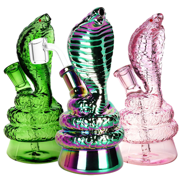Front view of the colorful Cobra Snake Rig, showing two rigs with textured glass and curved necks against a plain background. - Cobra Snake Rig