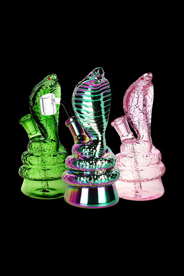 A vibrant, side-by-side view of the Cobra Snake Rig, showcasing its unique sculpted glass form against a stark black background. - Cobra Snake Rig